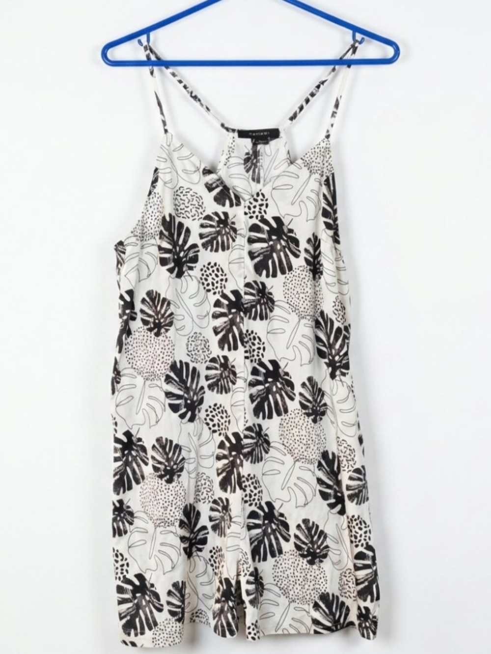Tahari B&W Tropical Monstera Palm Spaghetti Strap Romper Size M